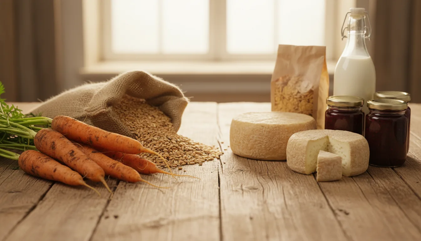 Сира морква та зерно з одного боку, готові фермерські продукти з іншого: сир, пластівці, варення, молоко